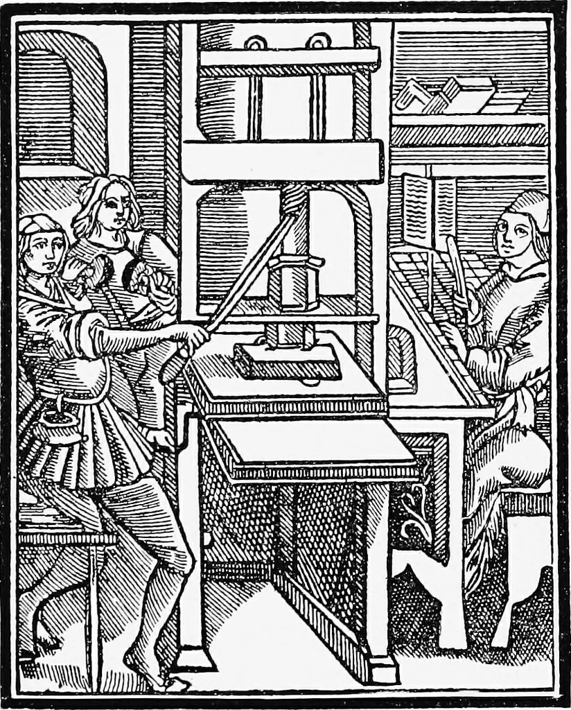 An illustration from A short history of the printing press and of the improvements in printing machinery from the time of Gutenberg up to the present day, 1902, leaf 9