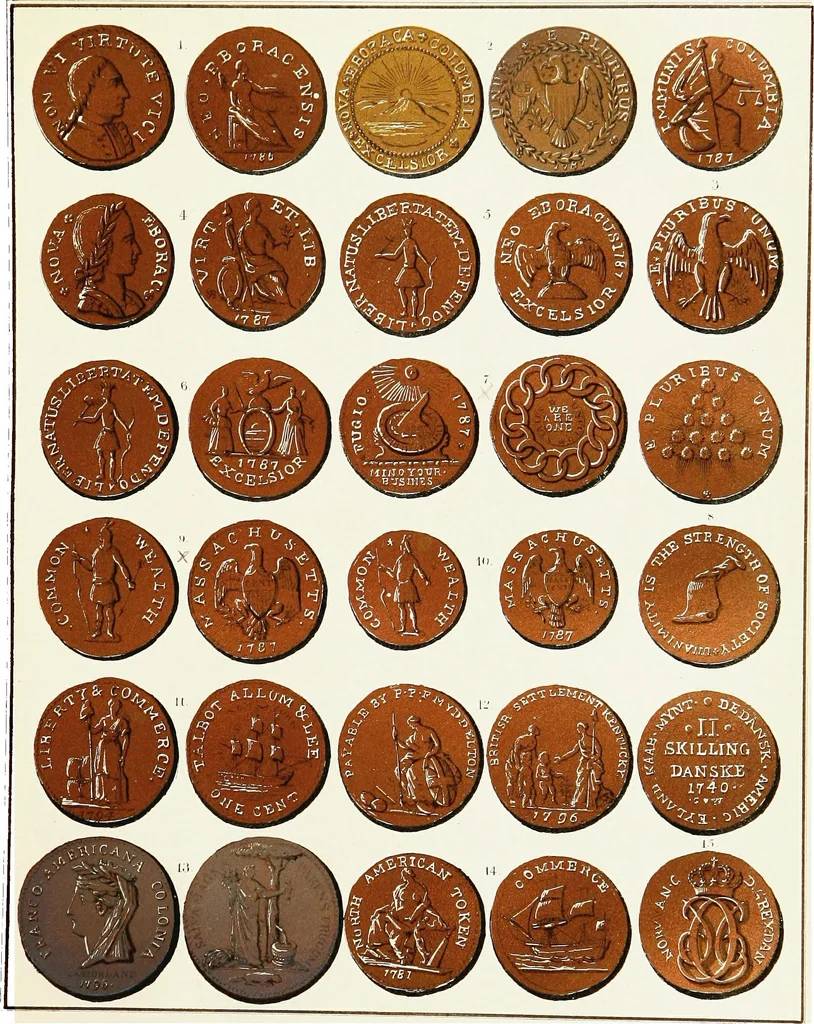 An illustration from The American numismatical manual of the currency or money of the aborigines, and colonial, state, and United States coins. With historical and descriptive notices of each coin or series, 1859, leaf 179