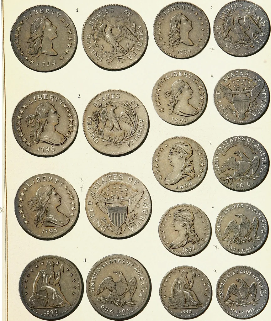 An illustration from The American numismatical manual of the currency or money of the aborigines, and colonial, state, and United States coins. With historical and descriptive notices of each coin or series, 1859, leaf 253