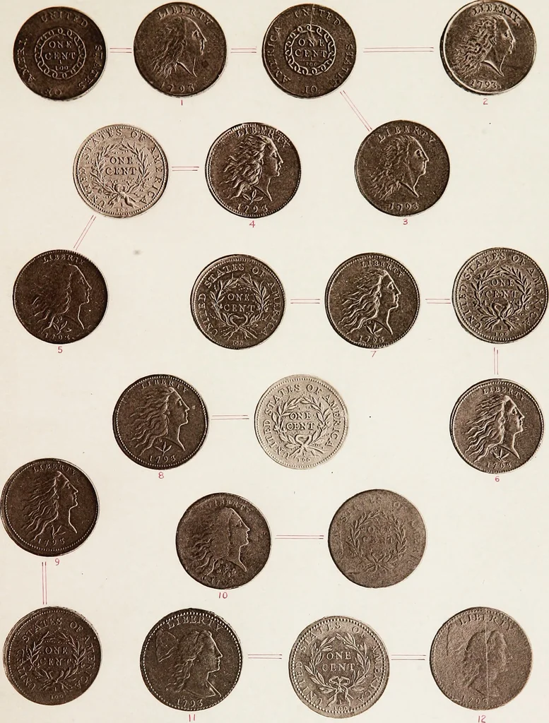 An illustration from Monograph of United States cents and half cents issued between the years 1793 and 1857: to which is added a table of the principal coins, tokens, jetons, medalets, patterns of coinage and Washington pieces, generally classified under the head of colonial coins. A contribution to the numismatic history of the United States, 1879, leaf 16