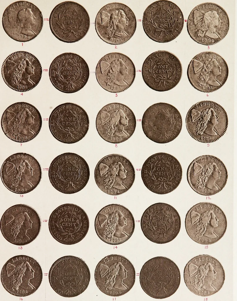 An illustration from Monograph of United States cents and half cents issued between the years 1793 and 1857: to which is added a table of the principal coins, tokens, jetons, medalets, patterns of coinage and Washington pieces, generally classified under the head of colonial coins. A contribution to the numismatic history of the United States, 1879, leaf 20