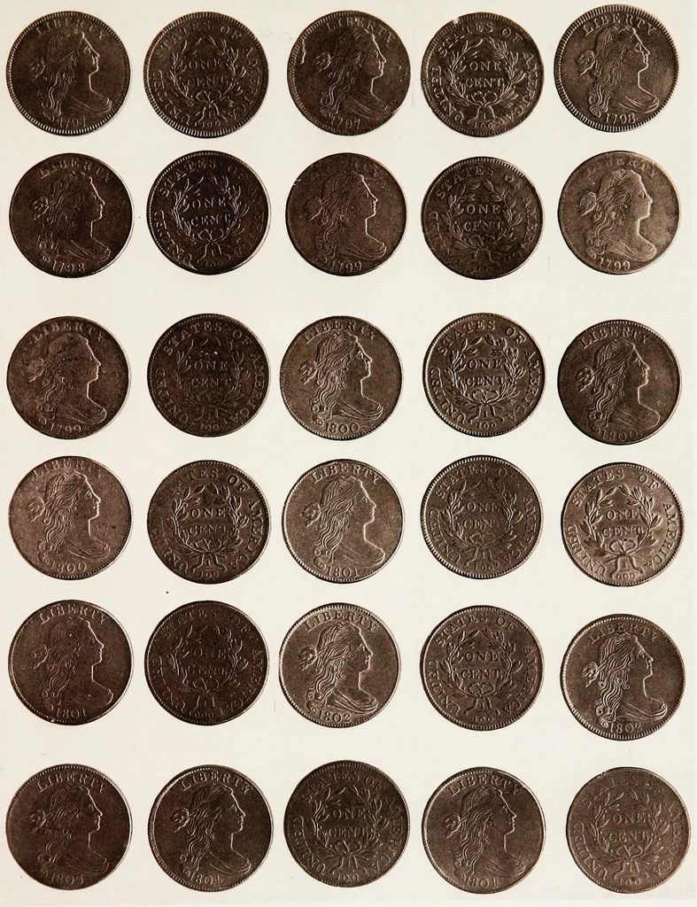 An illustration from Monograph of United States cents and half cents issued between the years 1793 and 1857: to which is added a table of the principal coins, tokens, jetons, medalets, patterns of coinage and Washington pieces, generally classified under the head of colonial coins. A contribution to the numismatic history of the United States, 1879, leaf 36