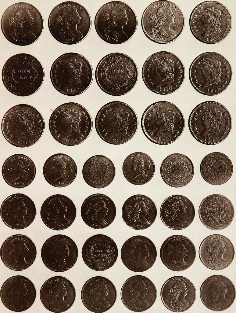 An illustration from Monograph of United States cents and half cents issued between the years 1793 and 1857: to which is added a table of the principal coins, tokens, jetons, medalets, patterns of coinage and Washington pieces, generally classified under the head of colonial coins. A contribution to the numismatic history of the United States, 1879, leaf 42
