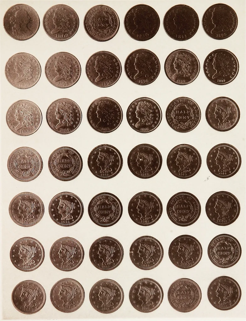 An illustration from Monograph of United States cents and half cents issued between the years 1793 and 1857: to which is added a table of the principal coins, tokens, jetons, medalets, patterns of coinage and Washington pieces, generally classified under the head of colonial coins. A contribution to the numismatic history of the United States, 1879, leaf 46