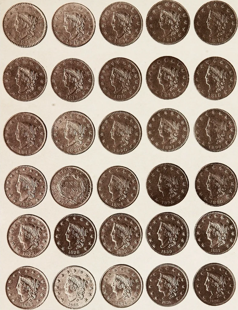 An illustration from Monograph of United States cents and half cents issued between the years 1793 and 1857: to which is added a table of the principal coins, tokens, jetons, medalets, patterns of coinage and Washington pieces, generally classified under the head of colonial coins. A contribution to the numismatic history of the United States, 1879, leaf 50