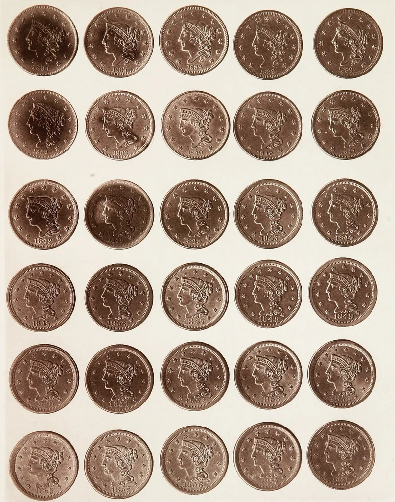 An illustration from Monograph of United States cents and half cents issued between the years 1793 and 1857: to which is added a table of the principal coins, tokens, jetons, medalets, patterns of coinage and Washington pieces, generally classified under the head of colonial coins. A contribution to the numismatic history of the United States, 1879, leaf 54