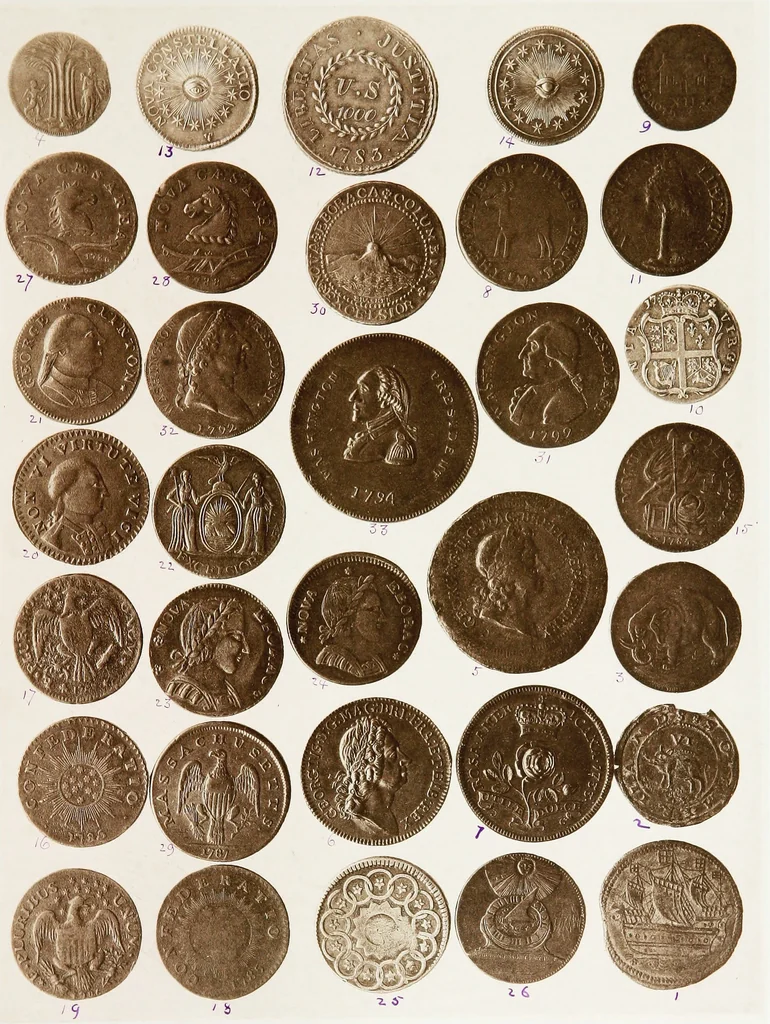 An illustration from Monograph of United States cents and half cents issued between the years 1793 and 1857: to which is added a table of the principal coins, tokens, jetons, medalets, patterns of coinage and Washington pieces, generally classified under the head of colonial coins. A contribution to the numismatic history of the United States, 1879, leaf 68