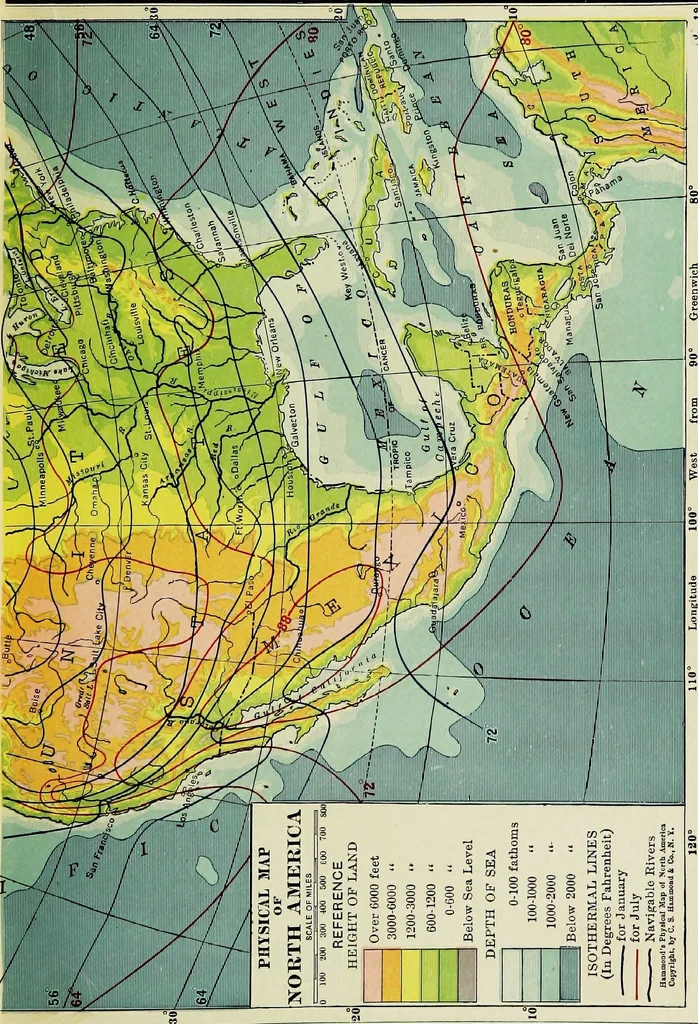An illustration from Hammond's business atlas of economic geography: a new series of maps showing: relief of the land, temperature, rainfall, natural vegetation, productive and non-productive regions, mineral products, agricultural products, distribution of population, etc., etc, 1921, leaf 10