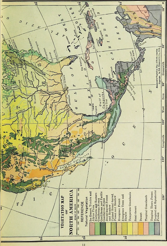 An illustration from Hammond's business atlas of economic geography: a new series of maps showing: relief of the land, temperature, rainfall, natural vegetation, productive and non-productive regions, mineral products, agricultural products, distribution of population, etc., etc, 1921, leaf 16