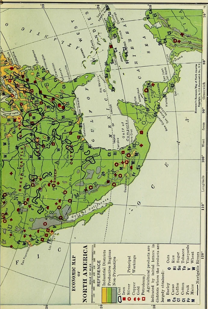 An illustration from Hammond's business atlas of economic geography: a new series of maps showing: relief of the land, temperature, rainfall, natural vegetation, productive and non-productive regions, mineral products, agricultural products, distribution of population, etc., etc, 1921, leaf 18
