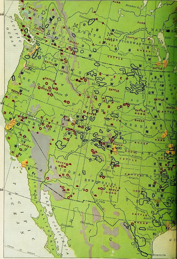 An illustration from Hammond's business atlas of economic geography: a new series of maps showing: relief of the land, temperature, rainfall, natural vegetation, productive and non-productive regions, mineral products, agricultural products, distribution of population, etc., etc, 1921, leaf 19