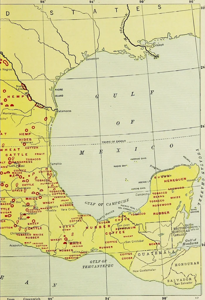 An illustration from Hammond's business atlas of economic geography: a new series of maps showing: relief of the land, temperature, rainfall, natural vegetation, productive and non-productive regions, mineral products, agricultural products, distribution of population, etc., etc, 1921, leaf 24