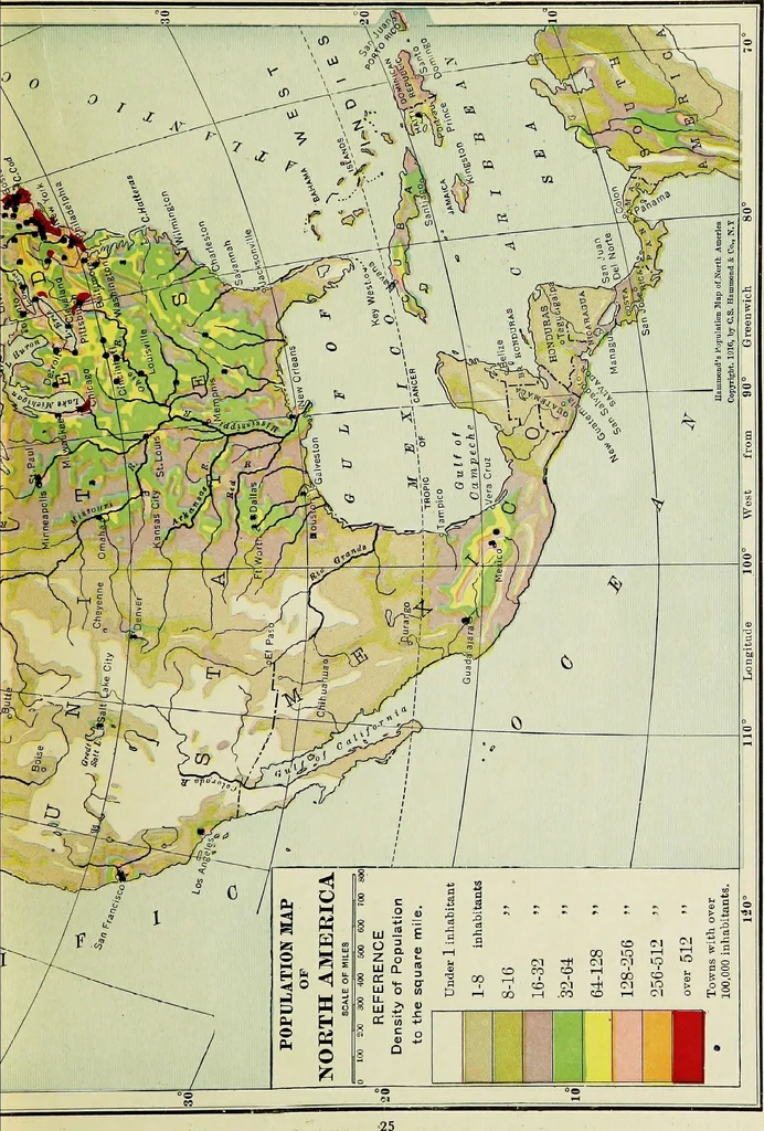 An illustration from Hammond's business atlas of economic geography: a new series of maps showing: relief of the land, temperature, rainfall, natural vegetation, productive and non-productive regions, mineral products, agricultural products, distribution of population, etc., etc, 1921, leaf 28