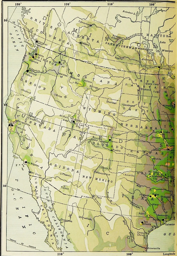 An illustration from Hammond's business atlas of economic geography: a new series of maps showing: relief of the land, temperature, rainfall, natural vegetation, productive and non-productive regions, mineral products, agricultural products, distribution of population, etc., etc, 1921, leaf 29