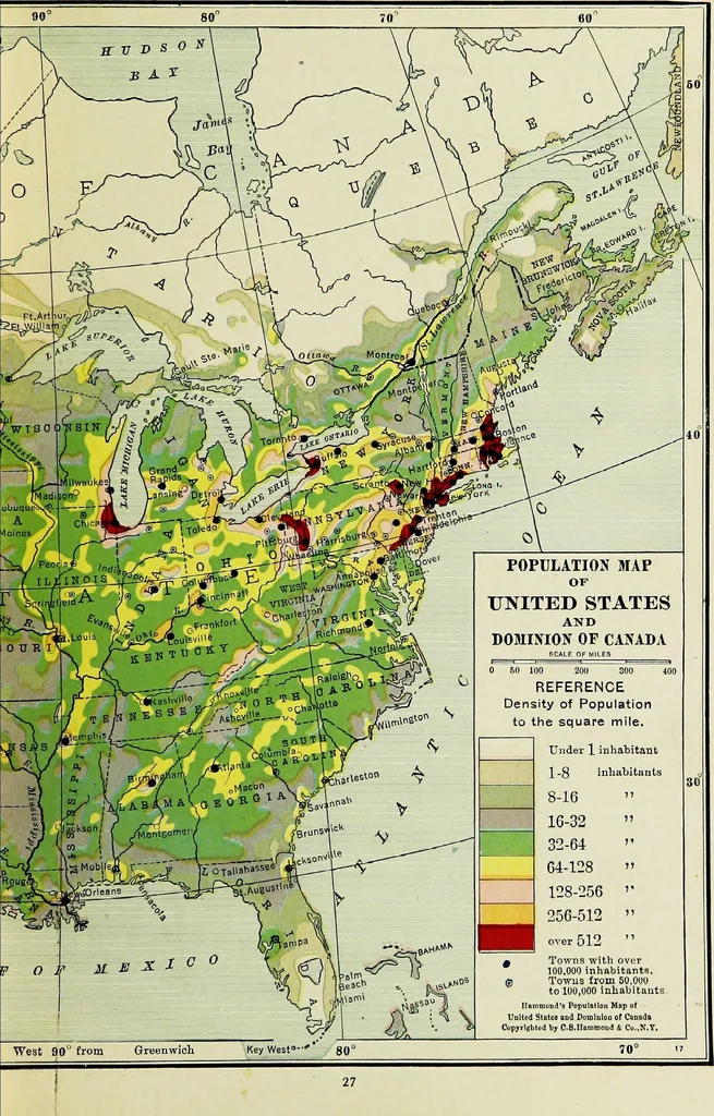 An illustration from Hammond's business atlas of economic geography: a new series of maps showing: relief of the land, temperature, rainfall, natural vegetation, productive and non-productive regions, mineral products, agricultural products, distribution of population, etc., etc, 1921, leaf 30