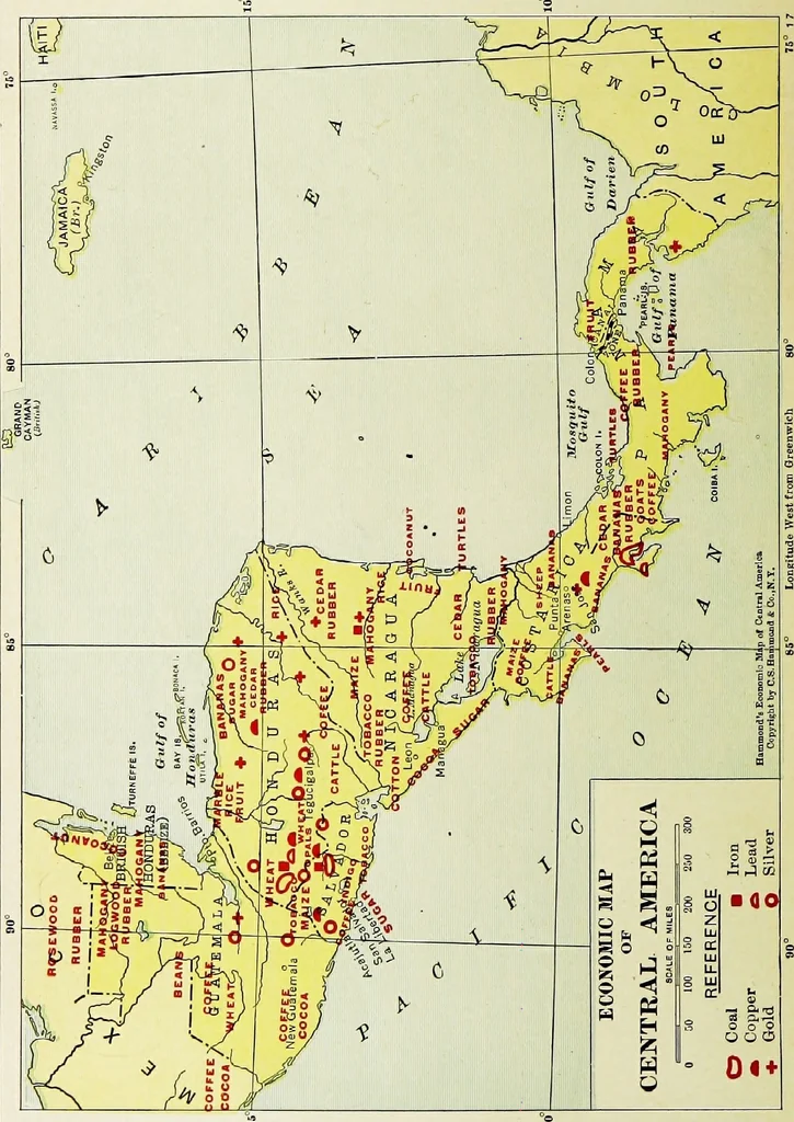 An illustration from Hammond's business atlas of economic geography: a new series of maps showing: relief of the land, temperature, rainfall, natural vegetation, productive and non-productive regions, mineral products, agricultural products, distribution of population, etc., etc, 1921, leaf 31