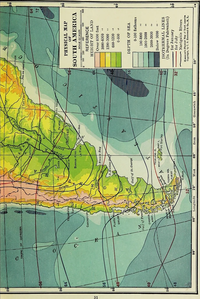 An illustration from Hammond's business atlas of economic geography: a new series of maps showing: relief of the land, temperature, rainfall, natural vegetation, productive and non-productive regions, mineral products, agricultural products, distribution of population, etc., etc, 1921, leaf 34