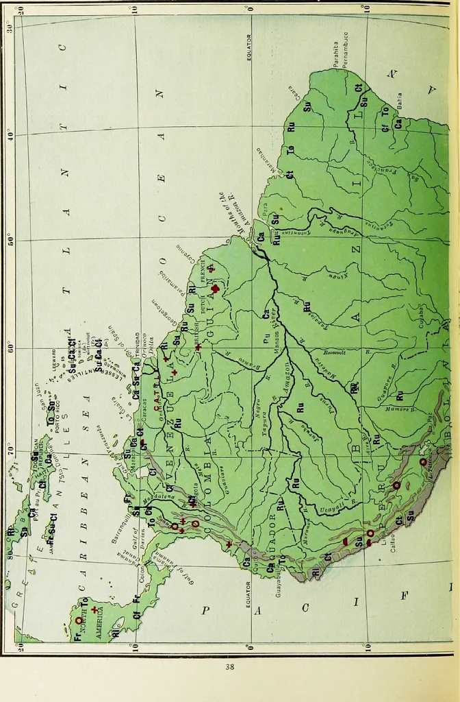 An illustration from Hammond's business atlas of economic geography: a new series of maps showing: relief of the land, temperature, rainfall, natural vegetation, productive and non-productive regions, mineral products, agricultural products, distribution of population, etc., etc, 1921, leaf 41
