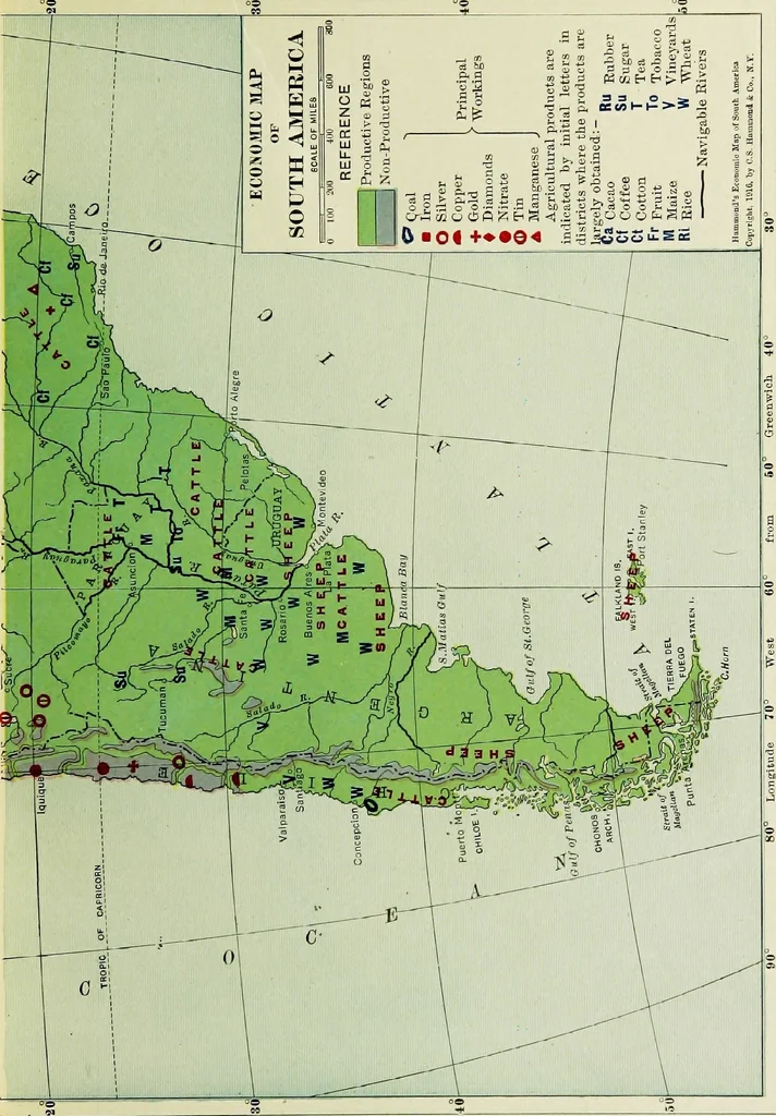 An illustration from Hammond's business atlas of economic geography: a new series of maps showing: relief of the land, temperature, rainfall, natural vegetation, productive and non-productive regions, mineral products, agricultural products, distribution of population, etc., etc, 1921, leaf 42