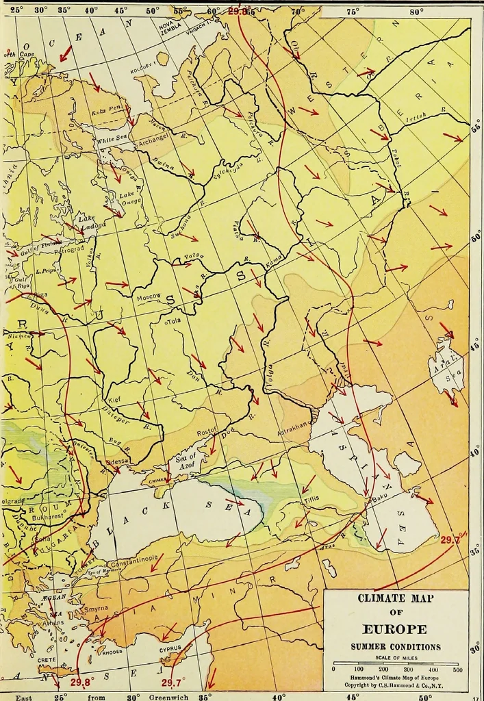 An illustration from Hammond's business atlas of economic geography: a new series of maps showing: relief of the land, temperature, rainfall, natural vegetation, productive and non-productive regions, mineral products, agricultural products, distribution of population, etc., etc, 1921, leaf 48