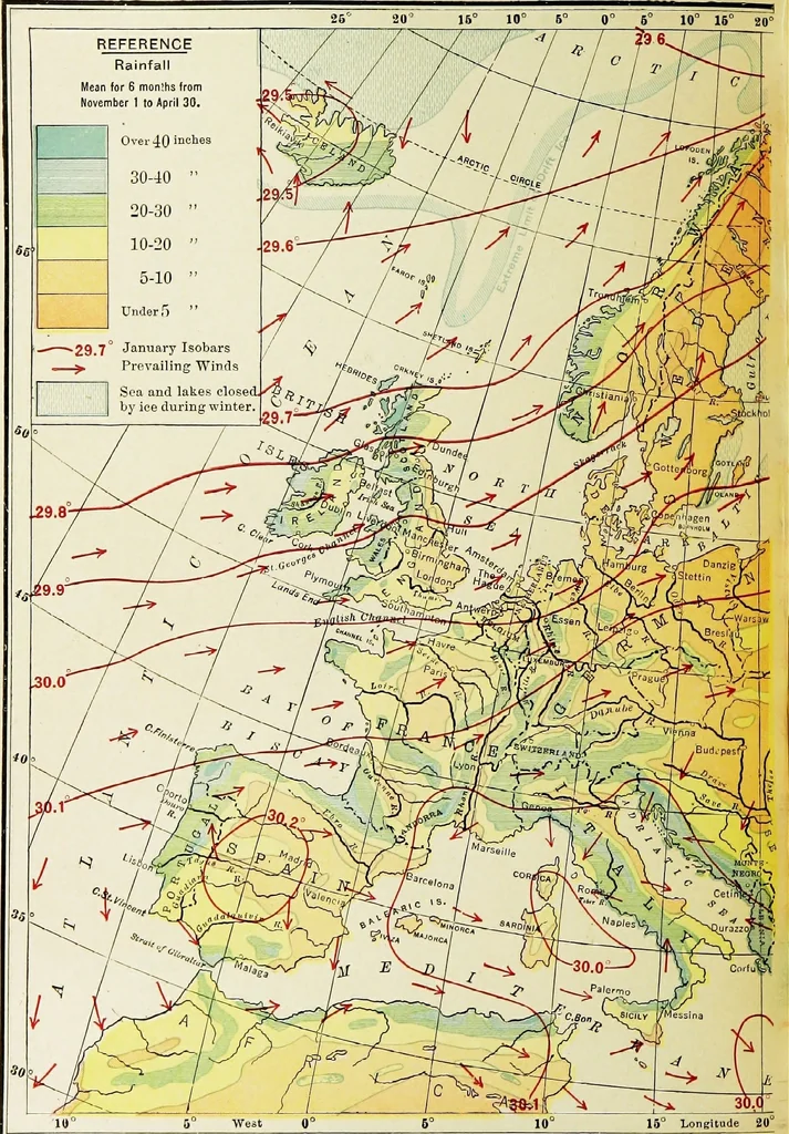 An illustration from Hammond's business atlas of economic geography: a new series of maps showing: relief of the land, temperature, rainfall, natural vegetation, productive and non-productive regions, mineral products, agricultural products, distribution of population, etc., etc, 1921, leaf 49