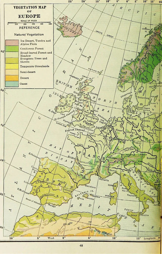 An illustration from Hammond's business atlas of economic geography: a new series of maps showing: relief of the land, temperature, rainfall, natural vegetation, productive and non-productive regions, mineral products, agricultural products, distribution of population, etc., etc, 1921, leaf 51