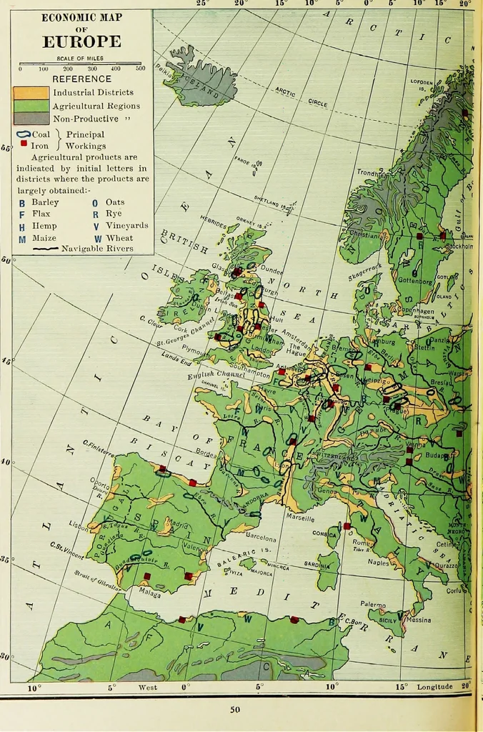 An illustration from Hammond's business atlas of economic geography: a new series of maps showing: relief of the land, temperature, rainfall, natural vegetation, productive and non-productive regions, mineral products, agricultural products, distribution of population, etc., etc, 1921, leaf 53