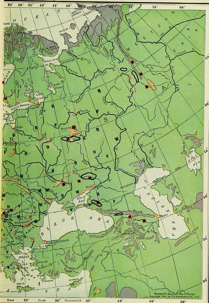 An illustration from Hammond's business atlas of economic geography: a new series of maps showing: relief of the land, temperature, rainfall, natural vegetation, productive and non-productive regions, mineral products, agricultural products, distribution of population, etc., etc, 1921, leaf 54