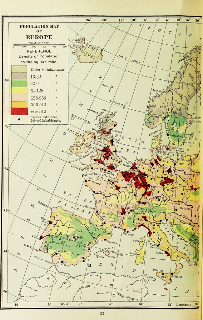 An illustration from Hammond's business atlas of economic geography: a new series of maps showing: relief of the land, temperature, rainfall, natural vegetation, productive and non-productive regions, mineral products, agricultural products, distribution of population, etc., etc, 1921, leaf 55