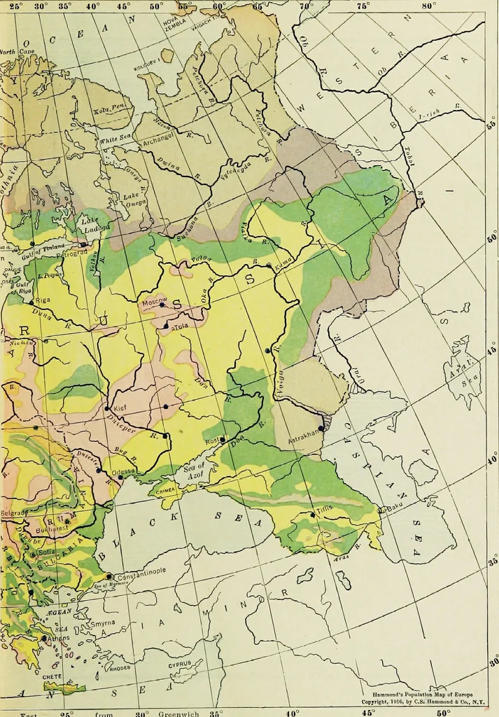 An illustration from Hammond's business atlas of economic geography: a new series of maps showing: relief of the land, temperature, rainfall, natural vegetation, productive and non-productive regions, mineral products, agricultural products, distribution of population, etc., etc, 1921, leaf 56