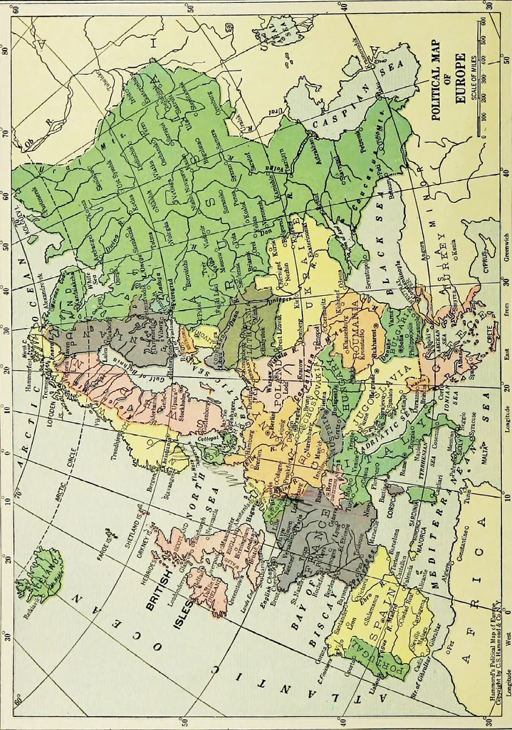An illustration from Hammond's business atlas of economic geography: a new series of maps showing: relief of the land, temperature, rainfall, natural vegetation, productive and non-productive regions, mineral products, agricultural products, distribution of population, etc., etc, 1921, leaf 57