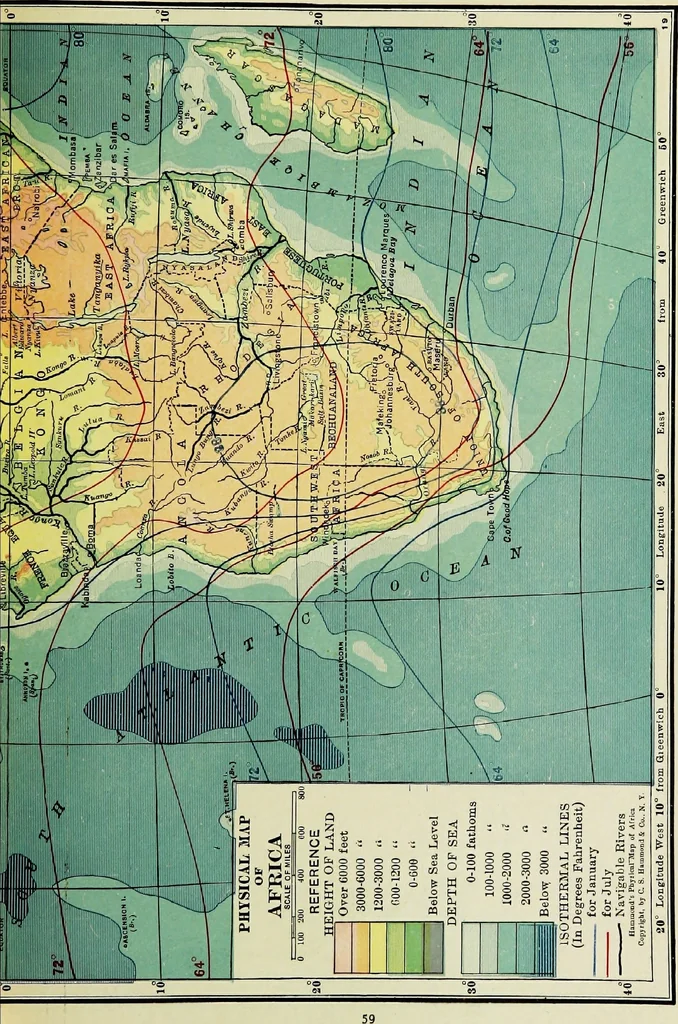 An illustration from Hammond's business atlas of economic geography: a new series of maps showing: relief of the land, temperature, rainfall, natural vegetation, productive and non-productive regions, mineral products, agricultural products, distribution of population, etc., etc, 1921, leaf 62