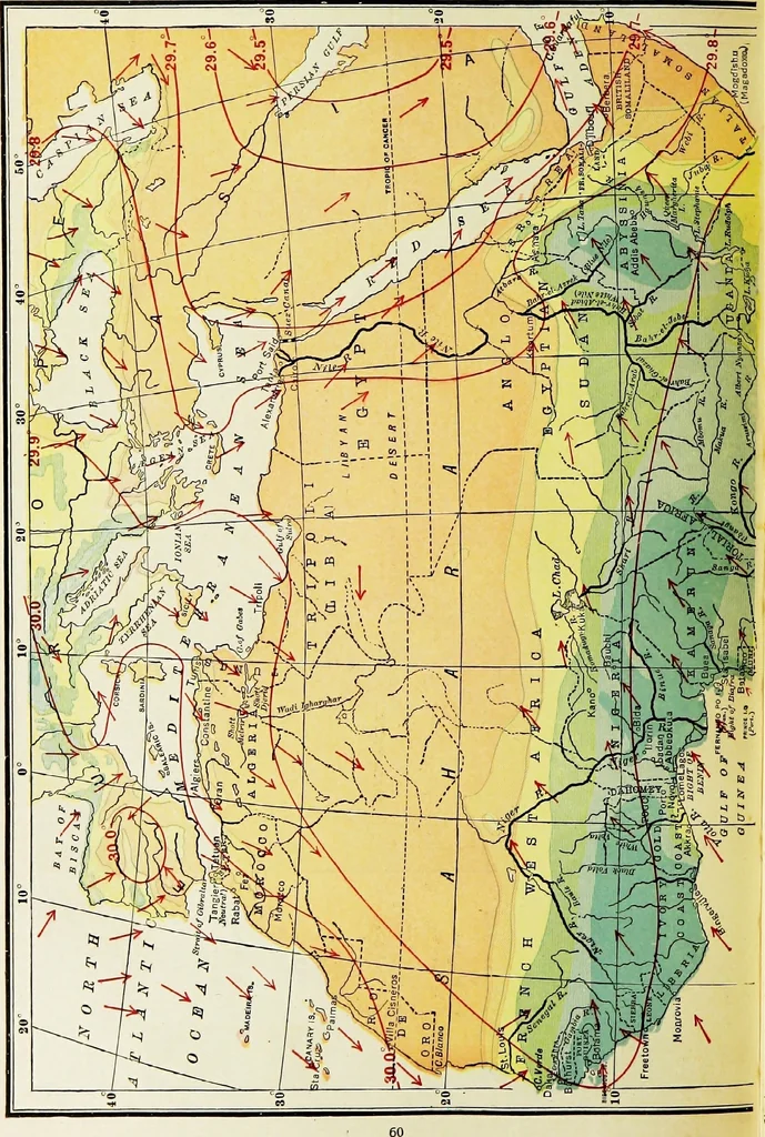 An illustration from Hammond's business atlas of economic geography: a new series of maps showing: relief of the land, temperature, rainfall, natural vegetation, productive and non-productive regions, mineral products, agricultural products, distribution of population, etc., etc, 1921, leaf 63