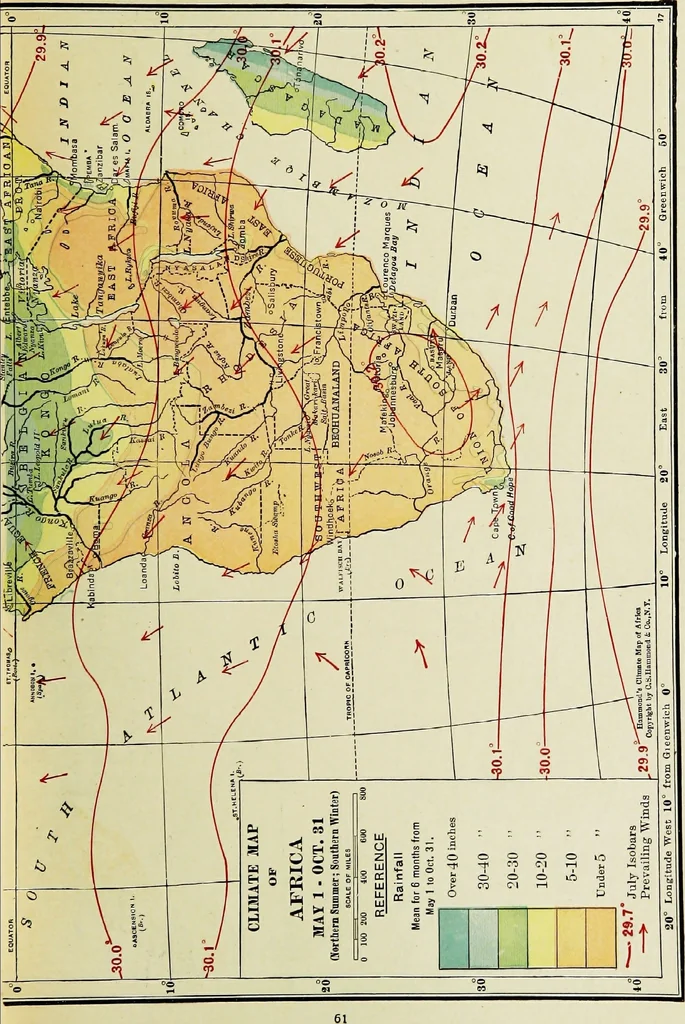 An illustration from Hammond's business atlas of economic geography: a new series of maps showing: relief of the land, temperature, rainfall, natural vegetation, productive and non-productive regions, mineral products, agricultural products, distribution of population, etc., etc, 1921, leaf 64