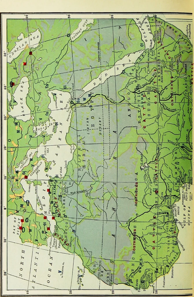 An illustration from Hammond's business atlas of economic geography: a new series of maps showing: relief of the land, temperature, rainfall, natural vegetation, productive and non-productive regions, mineral products, agricultural products, distribution of population, etc., etc, 1921, leaf 69
