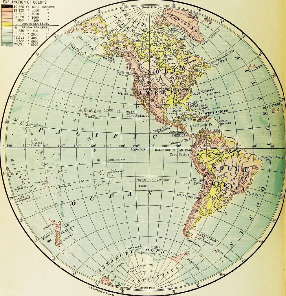 An illustration from Hammond's business atlas of economic geography: a new series of maps showing: relief of the land, temperature, rainfall, natural vegetation, productive and non-productive regions, mineral products, agricultural products, distribution of population, etc., etc, 1921, leaf 7