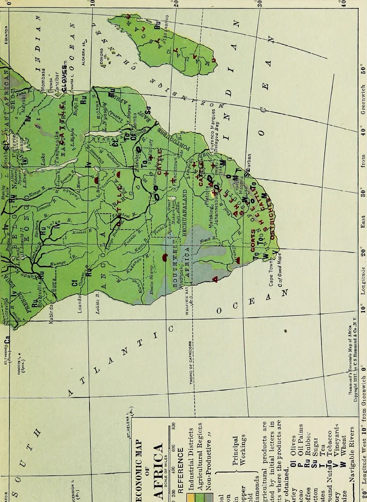 An illustration from Hammond's business atlas of economic geography: a new series of maps showing: relief of the land, temperature, rainfall, natural vegetation, productive and non-productive regions, mineral products, agricultural products, distribution of population, etc., etc, 1921, leaf 70