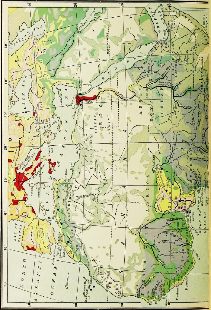 An illustration from Hammond's business atlas of economic geography: a new series of maps showing: relief of the land, temperature, rainfall, natural vegetation, productive and non-productive regions, mineral products, agricultural products, distribution of population, etc., etc, 1921, leaf 71
