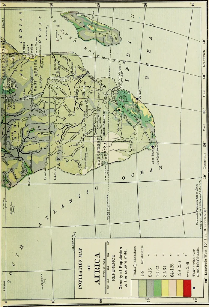 An illustration from Hammond's business atlas of economic geography: a new series of maps showing: relief of the land, temperature, rainfall, natural vegetation, productive and non-productive regions, mineral products, agricultural products, distribution of population, etc., etc, 1921, leaf 72