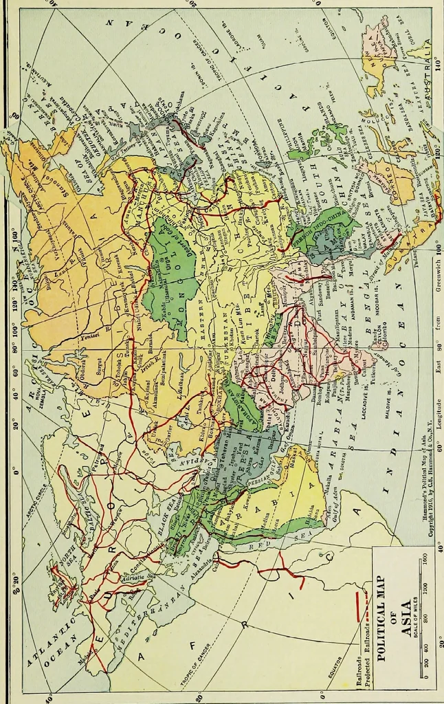 An illustration from Hammond's business atlas of economic geography: a new series of maps showing: relief of the land, temperature, rainfall, natural vegetation, productive and non-productive regions, mineral products, agricultural products, distribution of population, etc., etc, 1921, leaf 74