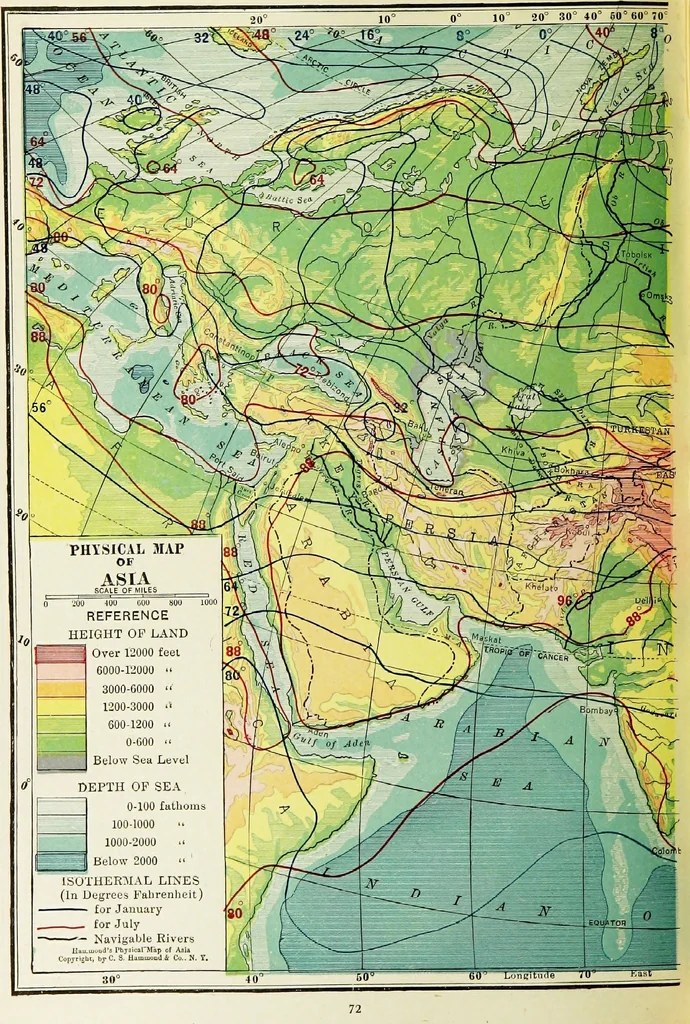 An illustration from Hammond's business atlas of economic geography: a new series of maps showing: relief of the land, temperature, rainfall, natural vegetation, productive and non-productive regions, mineral products, agricultural products, distribution of population, etc., etc, 1921, leaf 75