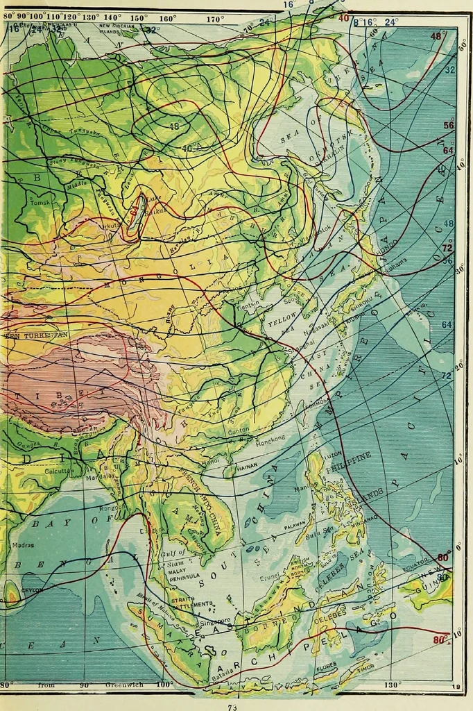An illustration from Hammond's business atlas of economic geography: a new series of maps showing: relief of the land, temperature, rainfall, natural vegetation, productive and non-productive regions, mineral products, agricultural products, distribution of population, etc., etc, 1921, leaf 76