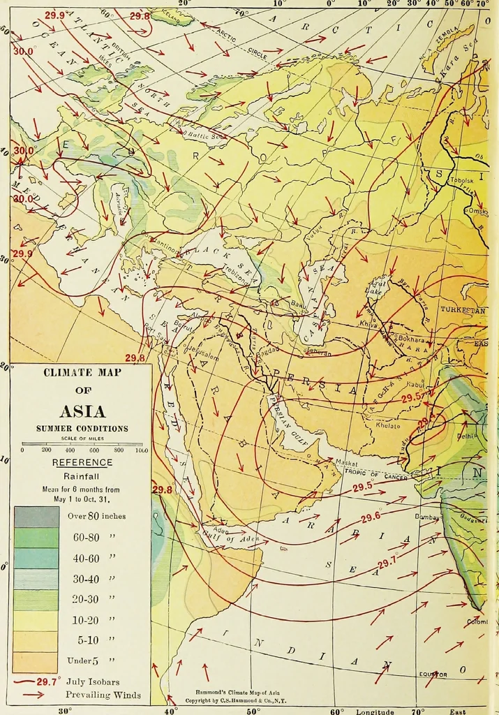 An illustration from Hammond's business atlas of economic geography: a new series of maps showing: relief of the land, temperature, rainfall, natural vegetation, productive and non-productive regions, mineral products, agricultural products, distribution of population, etc., etc, 1921, leaf 77