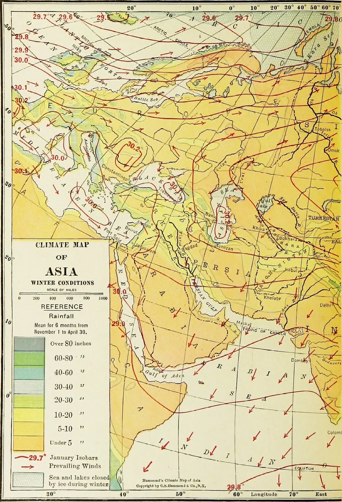 An illustration from Hammond's business atlas of economic geography: a new series of maps showing: relief of the land, temperature, rainfall, natural vegetation, productive and non-productive regions, mineral products, agricultural products, distribution of population, etc., etc, 1921, leaf 79