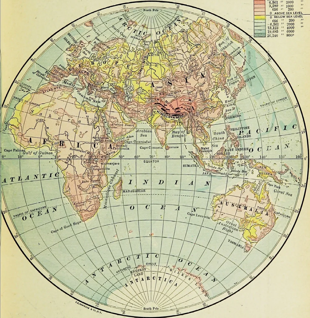 An illustration from Hammond's business atlas of economic geography: a new series of maps showing: relief of the land, temperature, rainfall, natural vegetation, productive and non-productive regions, mineral products, agricultural products, distribution of population, etc., etc, 1921, leaf 8
