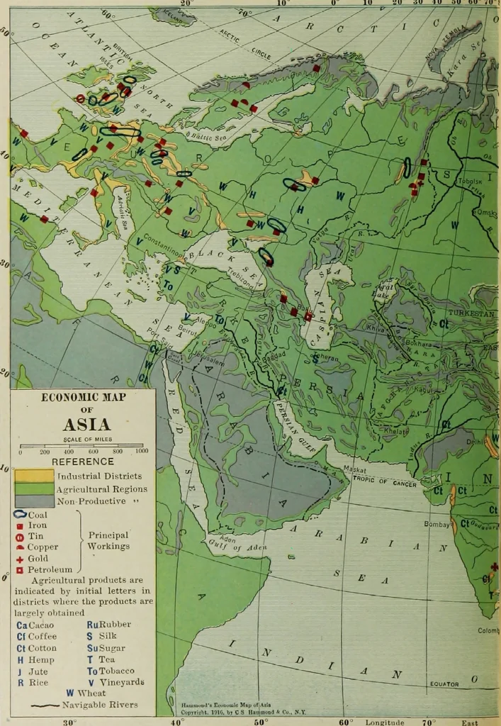 An illustration from Hammond's business atlas of economic geography: a new series of maps showing: relief of the land, temperature, rainfall, natural vegetation, productive and non-productive regions, mineral products, agricultural products, distribution of population, etc., etc, 1921, leaf 83