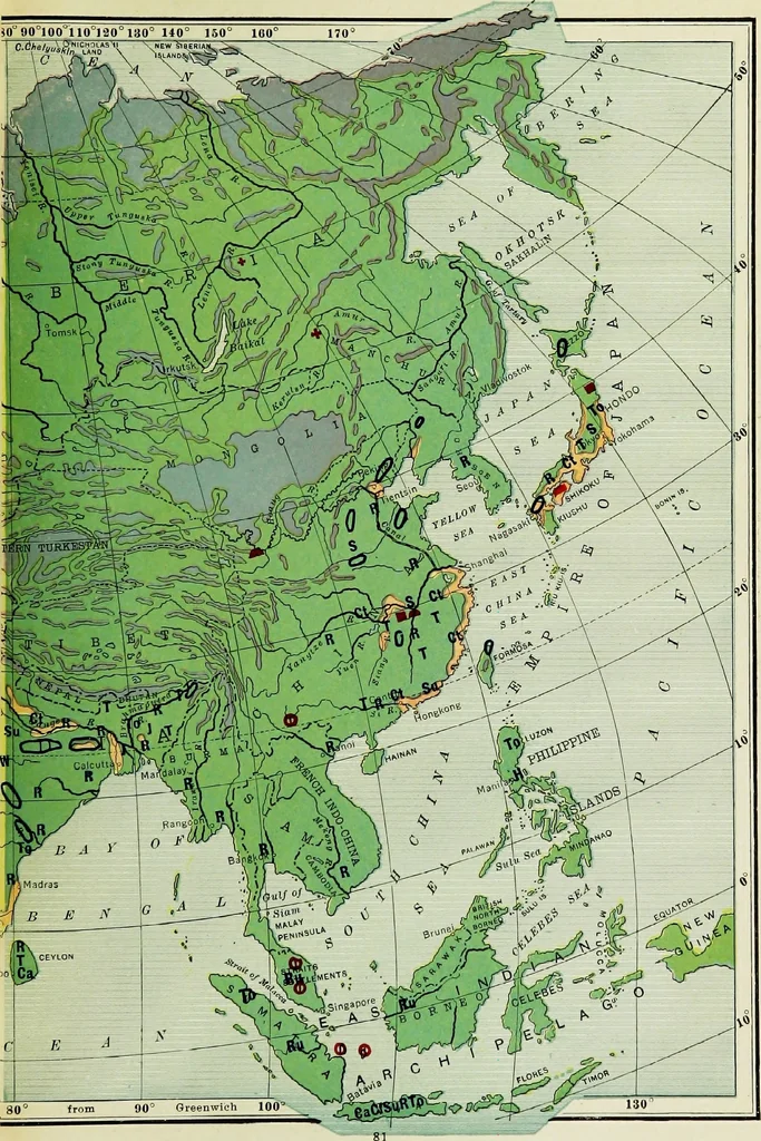An illustration from Hammond's business atlas of economic geography: a new series of maps showing: relief of the land, temperature, rainfall, natural vegetation, productive and non-productive regions, mineral products, agricultural products, distribution of population, etc., etc, 1921, leaf 84
