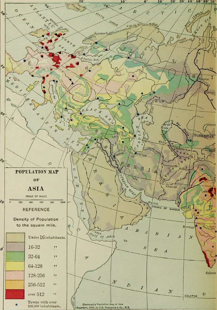 An illustration from Hammond's business atlas of economic geography: a new series of maps showing: relief of the land, temperature, rainfall, natural vegetation, productive and non-productive regions, mineral products, agricultural products, distribution of population, etc., etc, 1921, leaf 85
