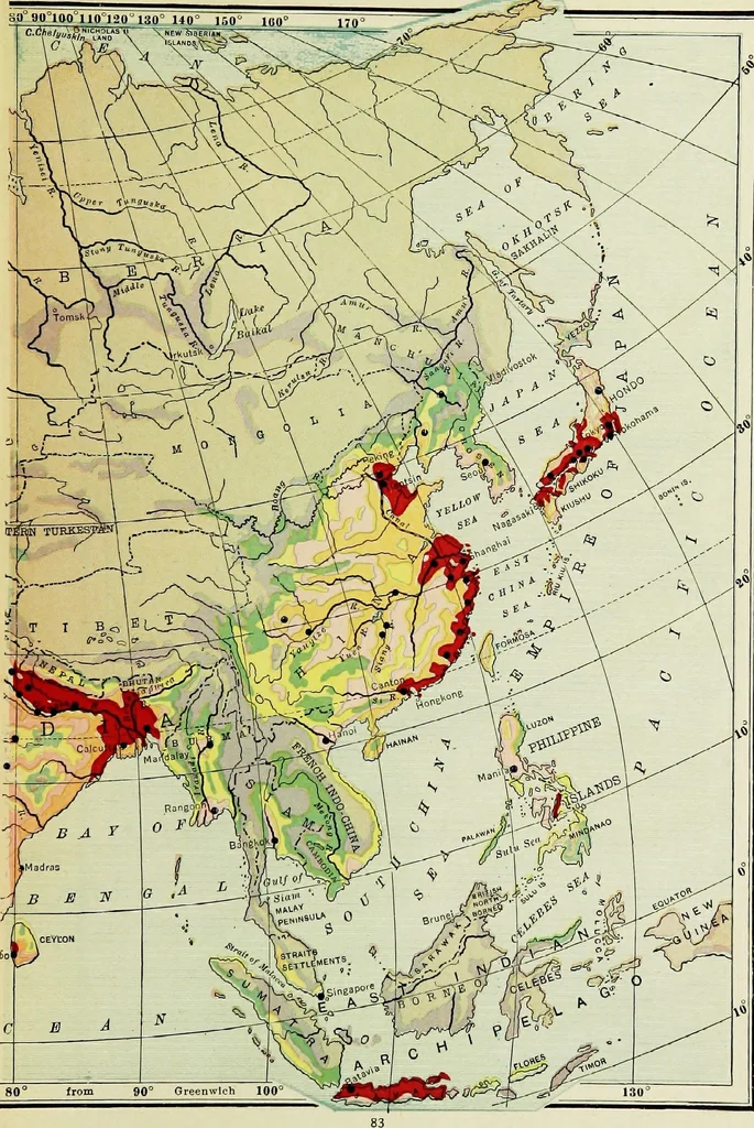 An illustration from Hammond's business atlas of economic geography: a new series of maps showing: relief of the land, temperature, rainfall, natural vegetation, productive and non-productive regions, mineral products, agricultural products, distribution of population, etc., etc, 1921, leaf 86