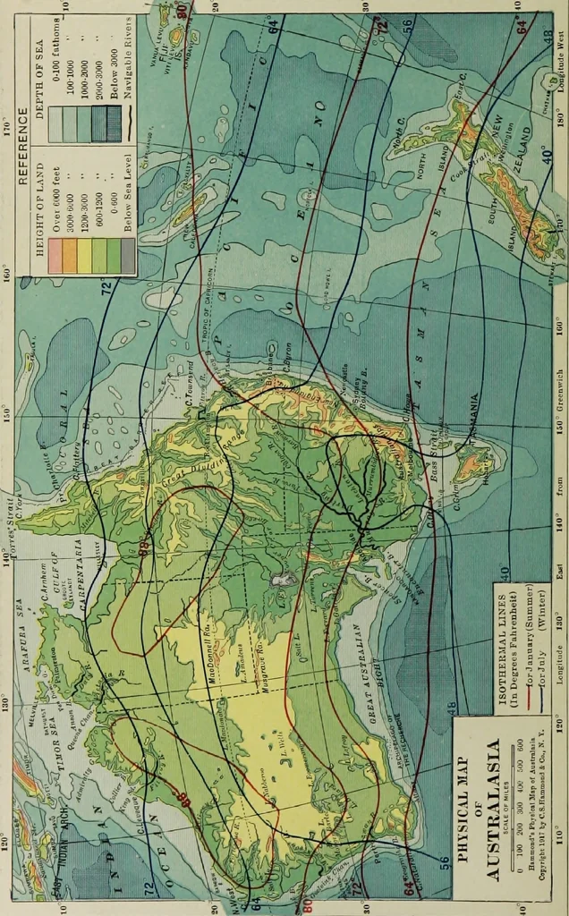 An illustration from Hammond's business atlas of economic geography: a new series of maps showing: relief of the land, temperature, rainfall, natural vegetation, productive and non-productive regions, mineral products, agricultural products, distribution of population, etc., etc, 1921, leaf 87
